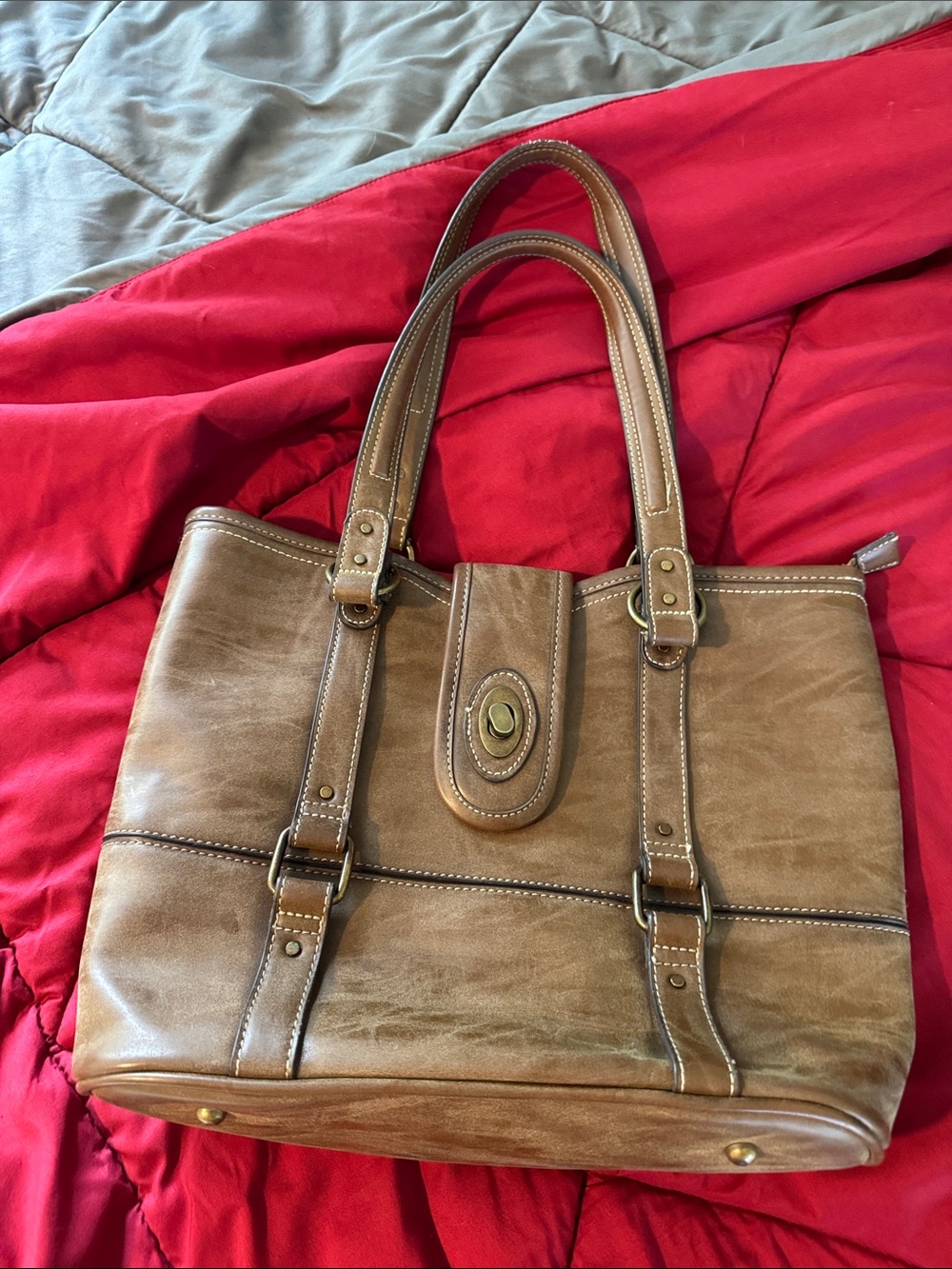 Justin Tan Leather Tote with Turn-Lock Accent